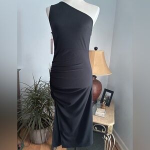 Sarin Mathews New W/Tag One Shoulder Black Dress Side Ruching Back Cut Out Sz.M